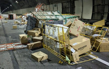 【画像】トラック事故、Amazonブラックフライデーのセール品と思われる荷物が散乱しめちゃくちゃになってしまう